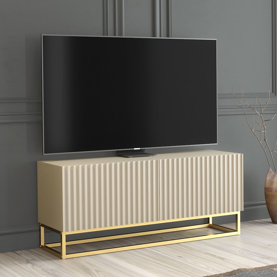 image 1 of TV Unit TV Stand Cashmere Gold Fluted Sideboard Media Console Storage Cabinet 100cm