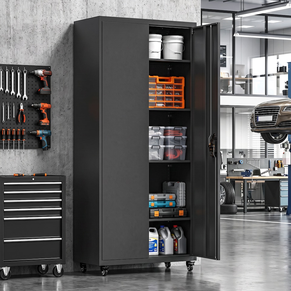 image 1 of HOMCOM Metal Storage Cabinet with Removable Wheels and Adjustable Shelves