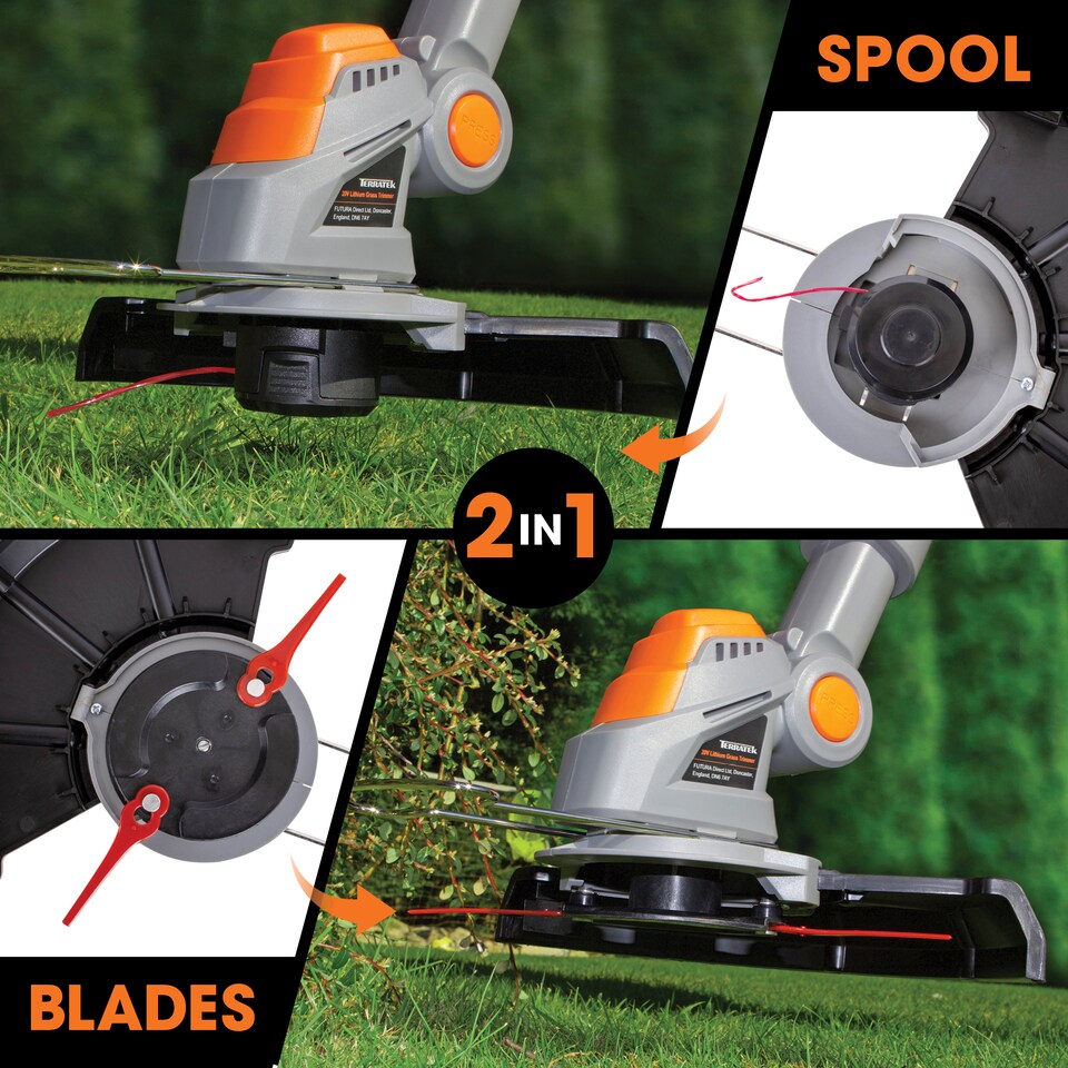 image 1 of Terratek 20V 2 in 1 Electric Cordless Grass Strimmer Garden Grass Cutter Trimmer 2 Batteries & 32 Blades & Spool Included