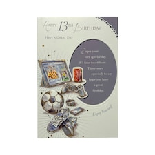 Age 13 Male Frame and Football Design Celebrity Style Birthday Card