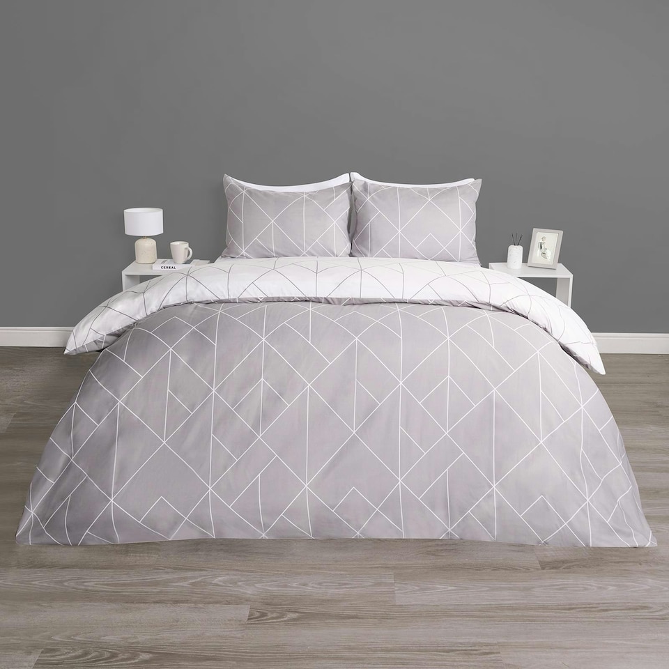 image 1 of OHS Geometric Reversible Print Duvet Cover and Pillowcase Set, Single - Grey
