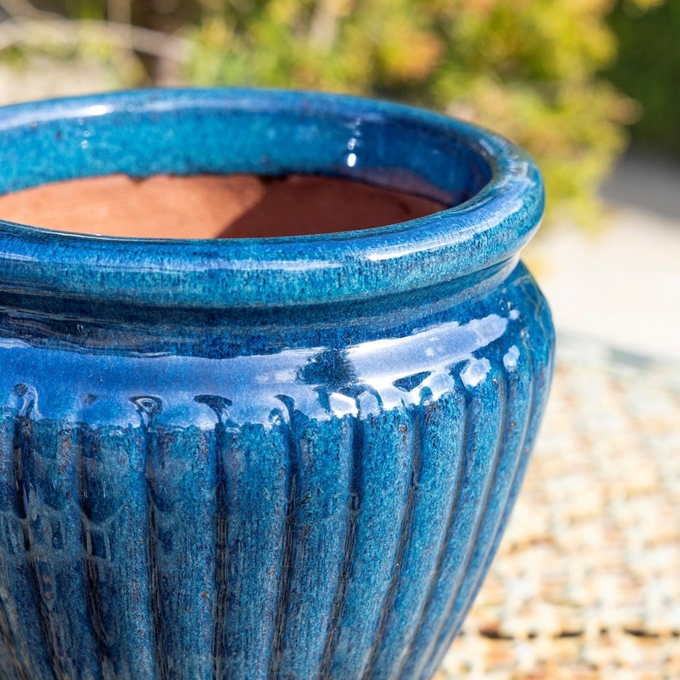 image 1 of Primrose Rib Textured Glazed Terracotta Round Planter In Glossy Royal Blue 65cm