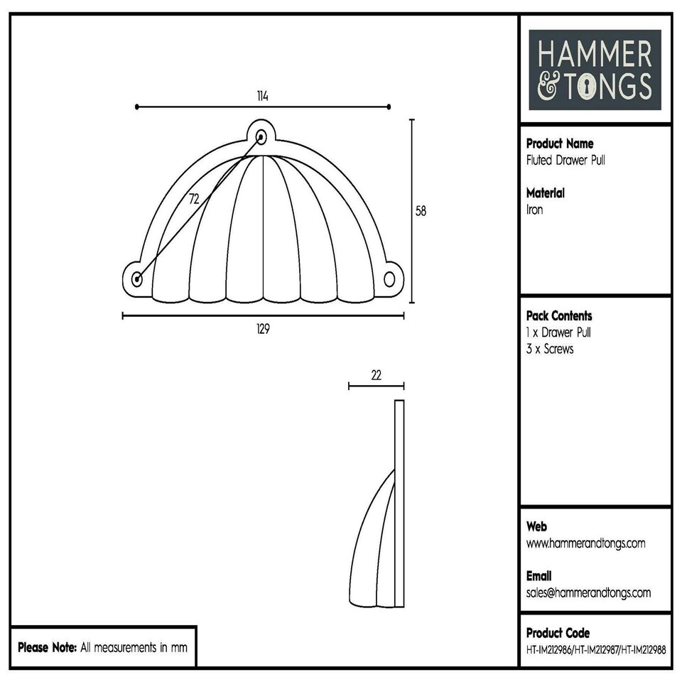 image 1 of Hammer & Tongs Fluted Cabinet Drawer Pull - W130mm x H60mm - Black Black