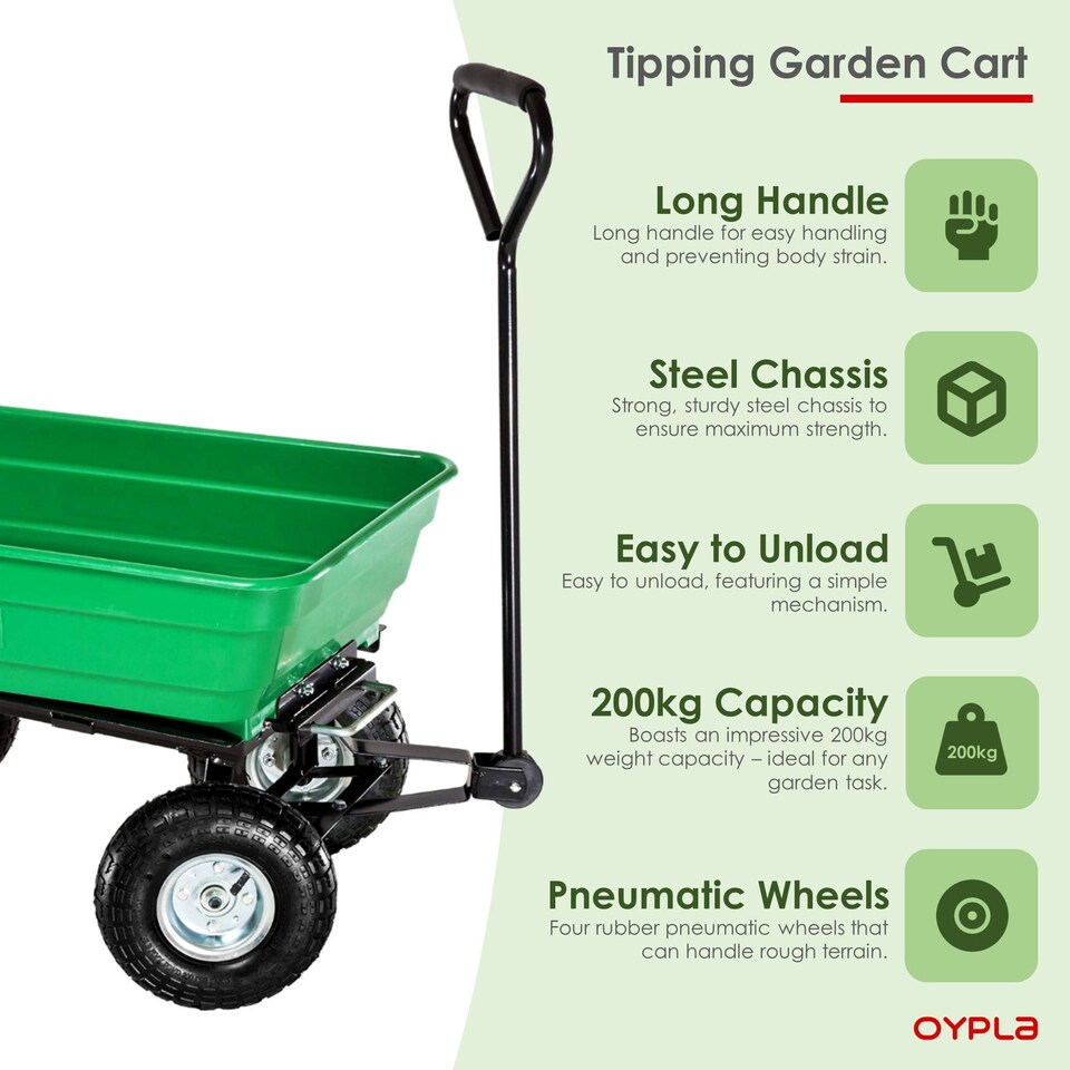 image 1 of Heavy Duty Green Garden Cart with Tipping Barrow Trolley