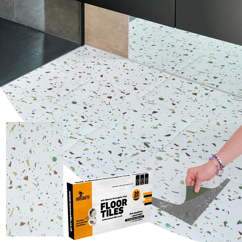 image 1 of NOVECRAFTO Vinyl Floor Tiles Self Adhesive – 12x24in Peel and Stick Rectangular Flooring for Kitchen, Bathroom & Living Room – White Terrazzo Look with Flecks White | 3.71 sqm