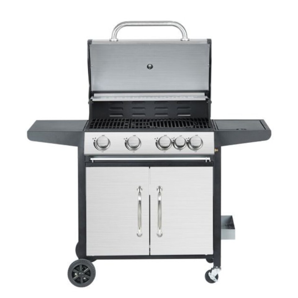 image 1 of 4 + 1 Burner Gas BBQ with Built-in Side Burner, Thermometer & Folding Shelves