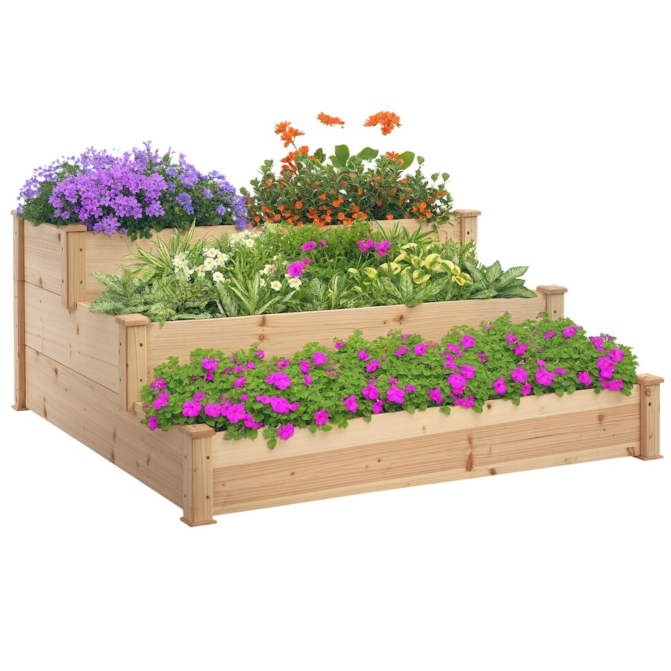 image 1 of Outsunny Wooden Raised Bed 3-Tier Planter Kit Elevated Plant Box 124x124x56cm