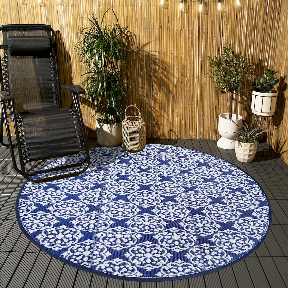 image 1 of OHS Blue Tiles Large Outdoor Garden Patio Waterproof Floor Mat Rug Blue | Blue and White | 170cm Diameter