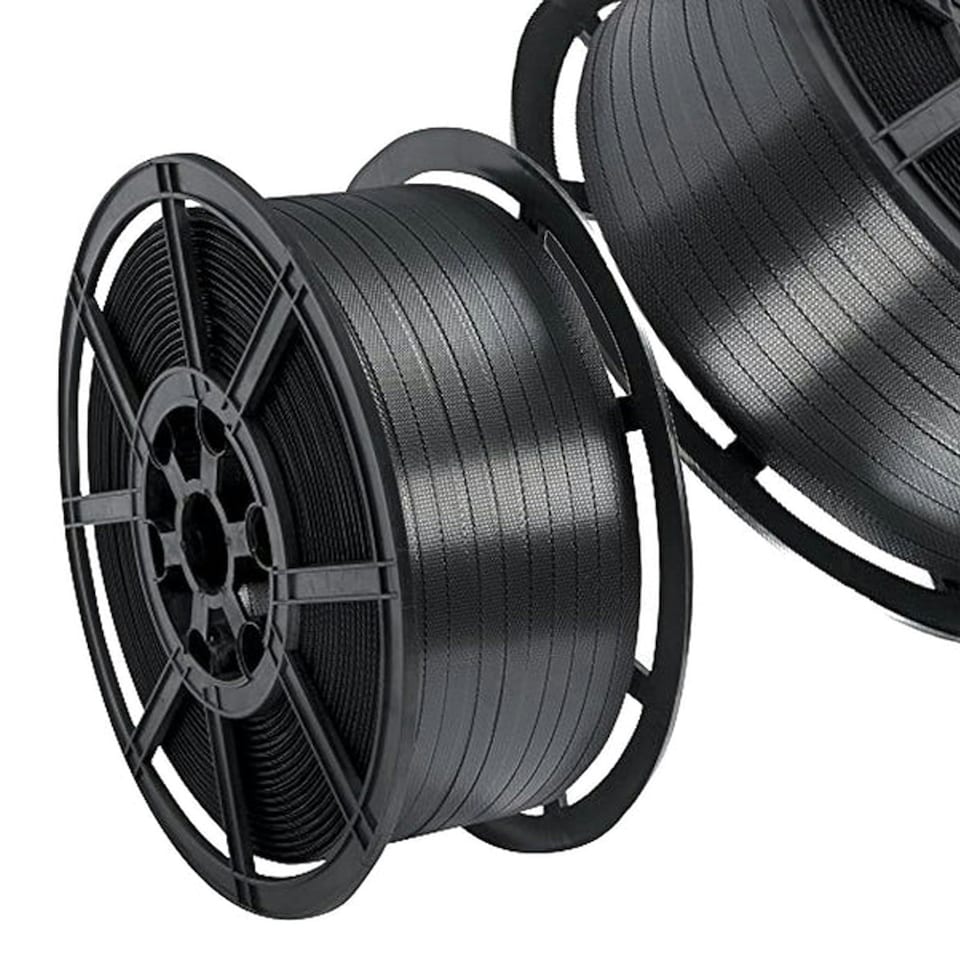 image 1 of 1 Coil of 12mm Wide 1000 Metres Per Coil 310kg Brake Strength Polypropylene Black Plastic Hand Pallet Strapping Coil
