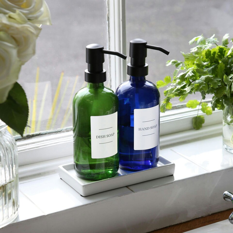 image 1 of Harbour Housewares 2pc Glass Soap Dispenser Set with Ceramic Tray & Labels - 500ml - Green/White