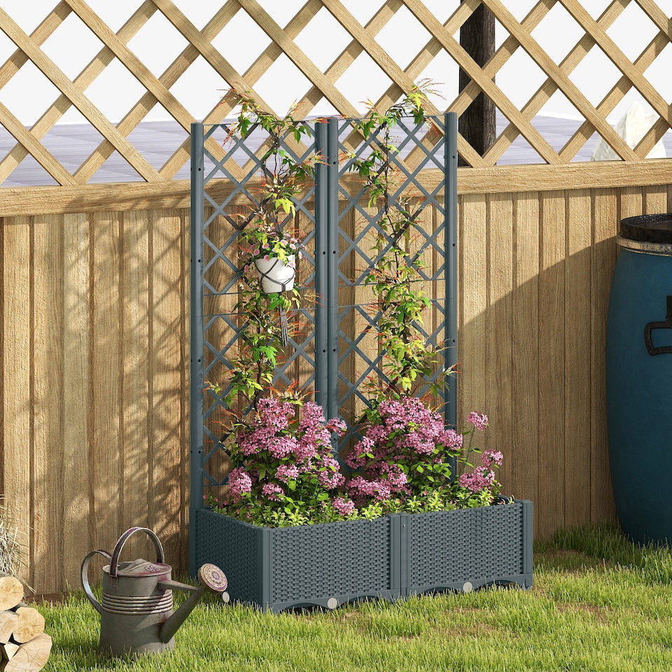 image 1 of Outsunny Raised Garden Bed with Trellis, Plastic Planter Box with Drainage Holes, Drain Plugs and Water Reservoirs for Climbing Plants, Vegetables, Flowers | Grey