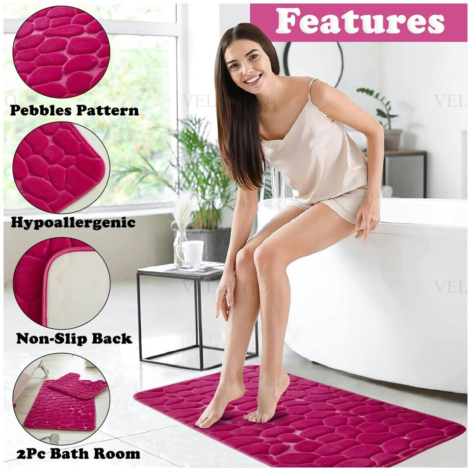 image 1 of VELVETIO 2Pc Pebble Bath Mat Set Memory Foam Bathroom Toilet Rugs Pink