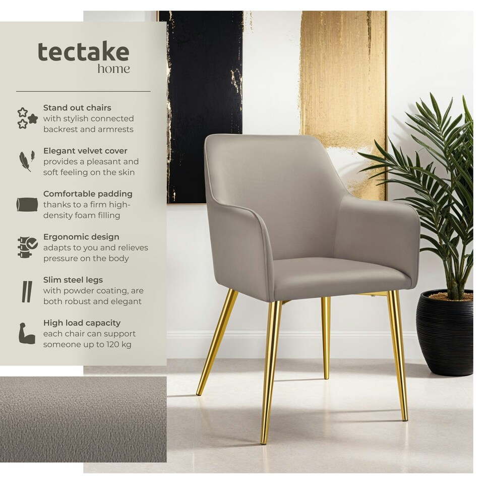 image 1 of Dining Chair Avane - velvet look, padded armchair, high backrest and high armrests - Set of 2 Grey | Taupe