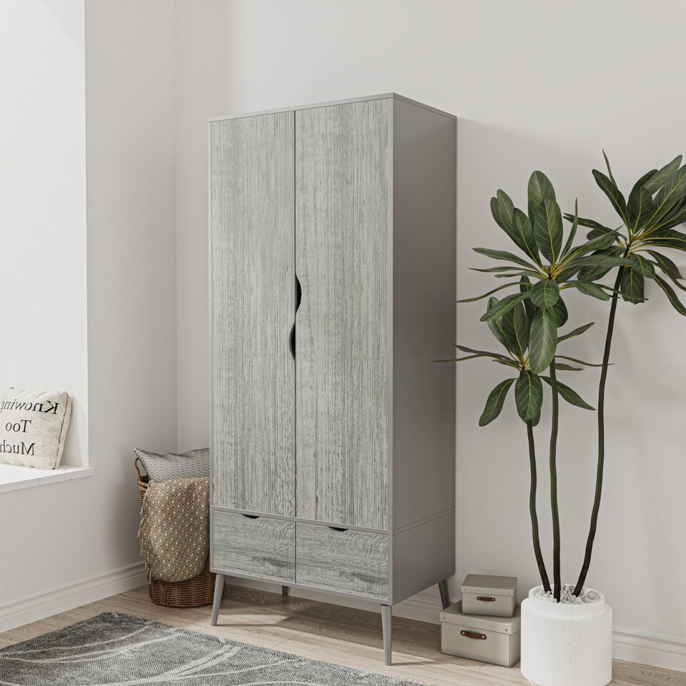 image 1 of Malmo 2 Door 2 Drawer Wardrobe with Scandi Legs Cupboard Hanging Rail 180cm | Multi | Grey Ash Grey | 1