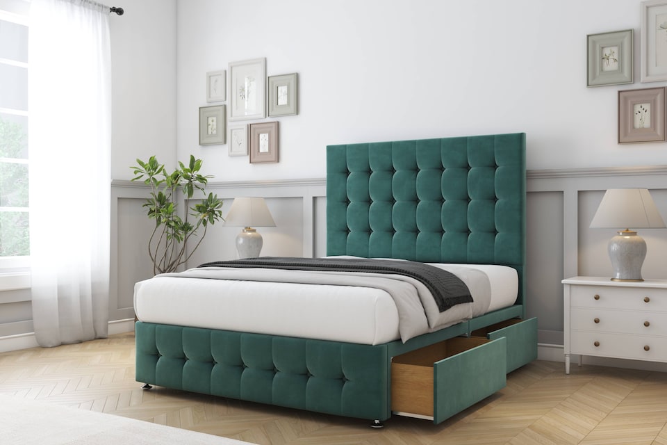 image 1 of Sloomy Berlin Emerald Plush Divan Bed Base 2 Drawers Right Side With 26 Inch Strutted Headboard & 12 Inch Matching Footboard | Green | Emerald | Small Single | 1