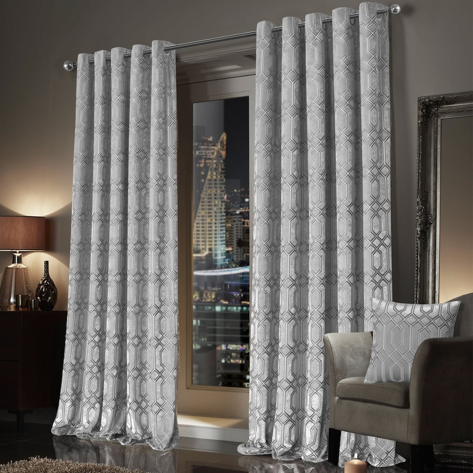 image 1 of Luxe Geo Velvet Eyelet Curtains in Grey, 167cm x 228cm | Grey | Grey