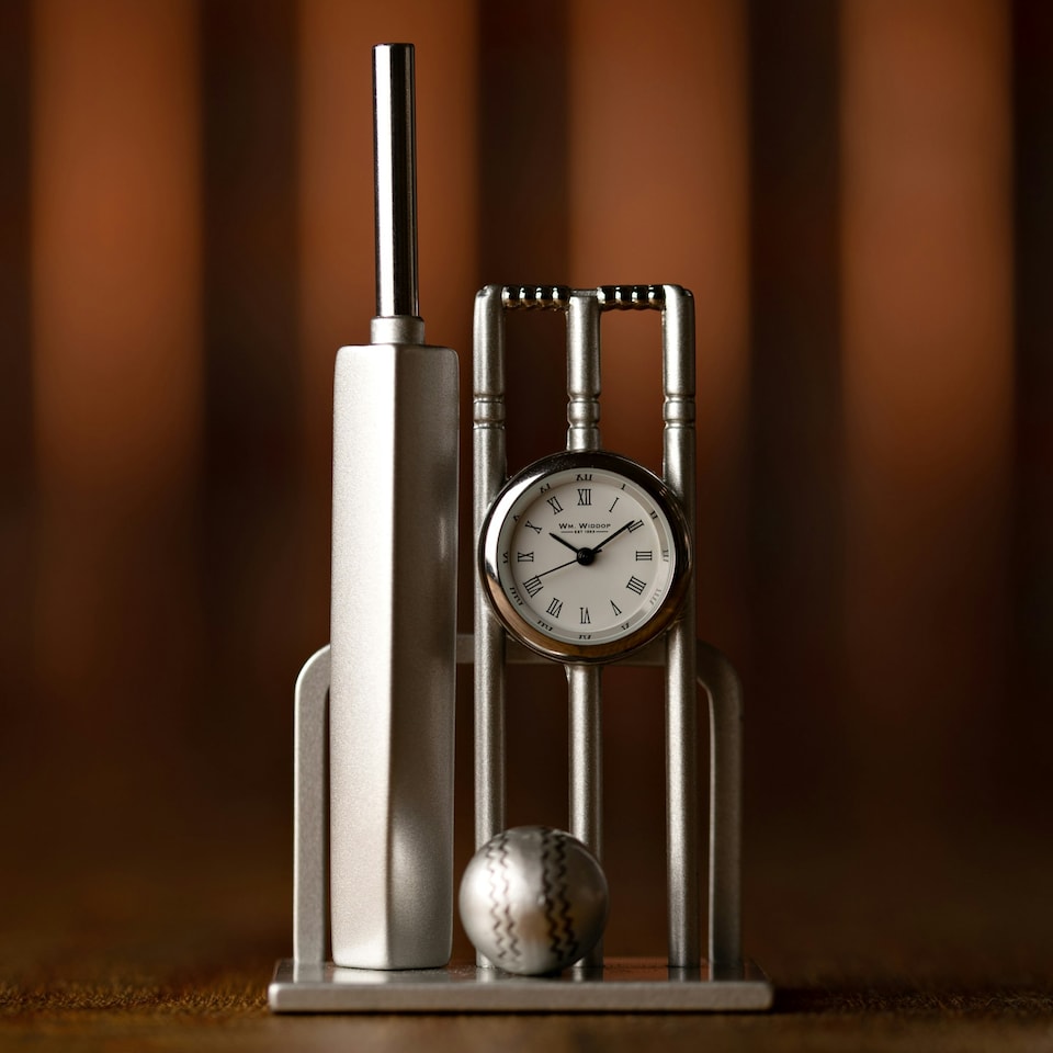 image 1 of Wm.Widdop Miniature Clock Cricket Bat, Ball & Wickets Silver