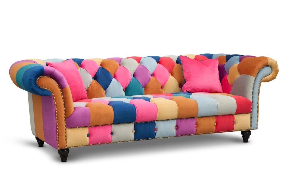 image 1 of Multicoloured Velvet Patchwork 3 Seater Scroll Arm Chesterfield Sofa PORTOFINO