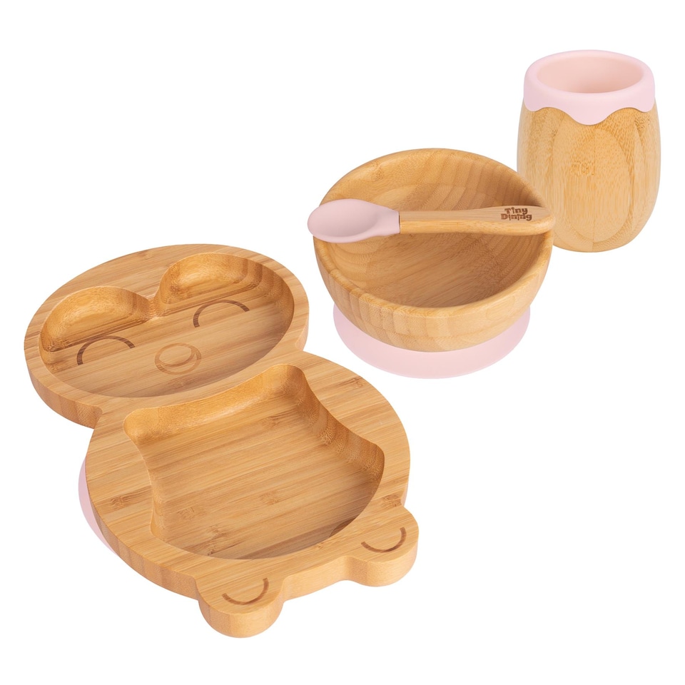 image 1 of Tiny Dining 4pc Penguin Bamboo Suction Baby Feeding Set - Pastel Pink