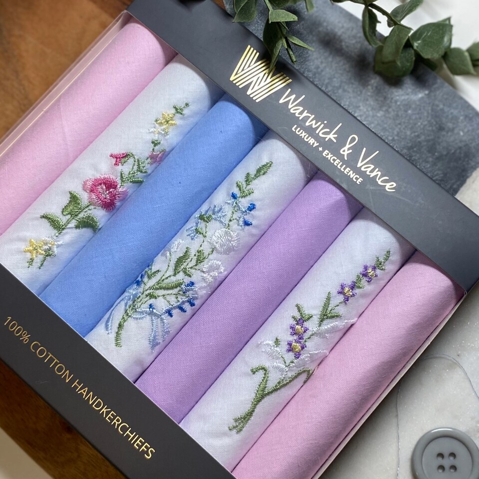 image 1 of Warwick & Vance Pack Of 7 Ladies Handkerchiefs with Floral Embroidered Designs