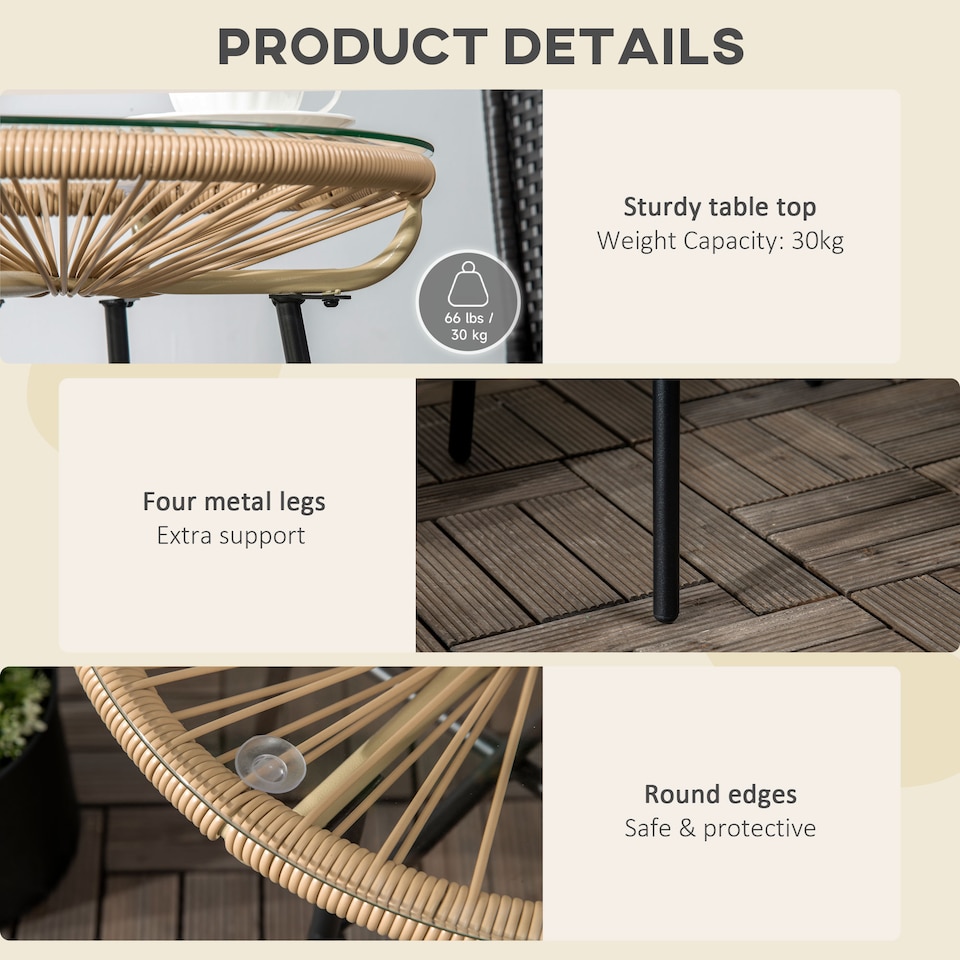 image 1 of Outsunny Rattan Side Table w/ Tempered Glass Tabletop, Beige