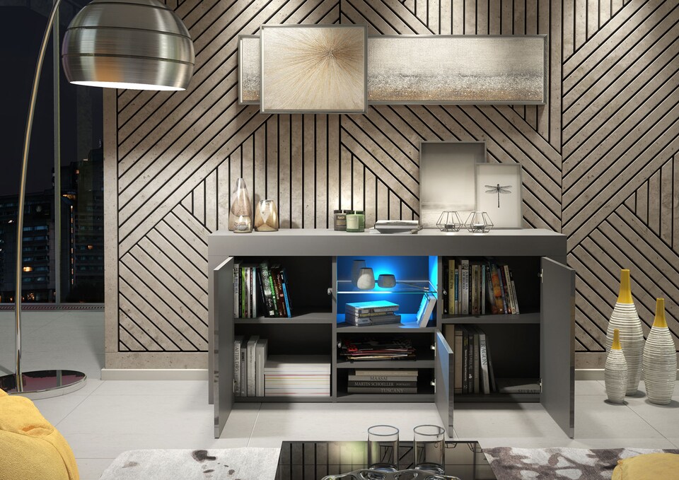 image 1 of TV Unit TV Stand Sideboard Media Cabinet Storage Cabinet Grey High Gloss LED 145cm