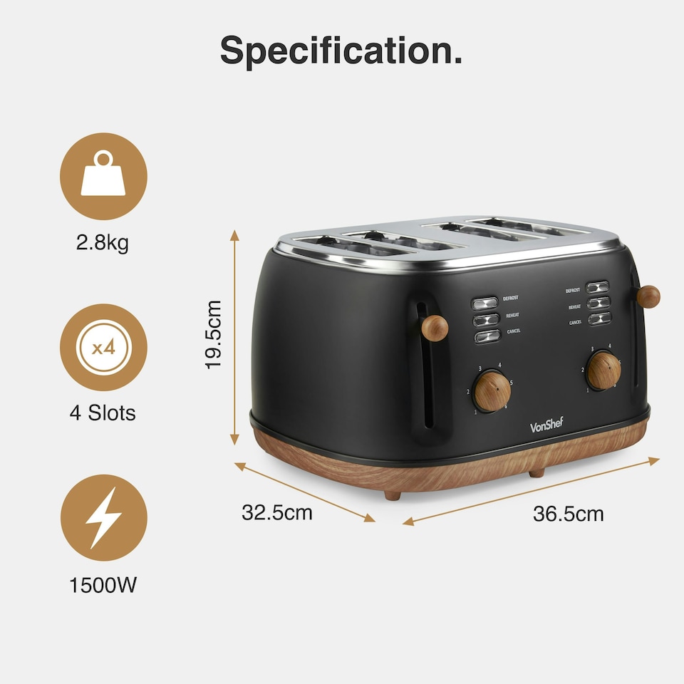 image 1 of VonShef 3000W Kettle and 1500W Toaster Bundle Set Black