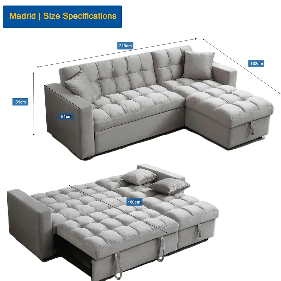 image 1 of Madrid Corner Chaise Lounge L Shape 3 Seater Sofa With With a Reversible Chaise & Pull Out Sofa Bed Grey