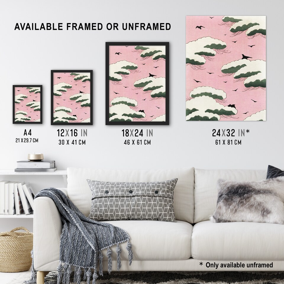 image 1 of Pink Sky With Clouds and Birds Vintage Wall Art Print Bijutsukai 18x24"