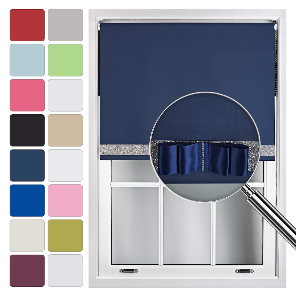image 1 of FURNISHED Blackout Roller Blind with Silver Glitter Trim and Navy Bow Cut to Size | Blue | Navy | (W) 210cm x (L) 210cm