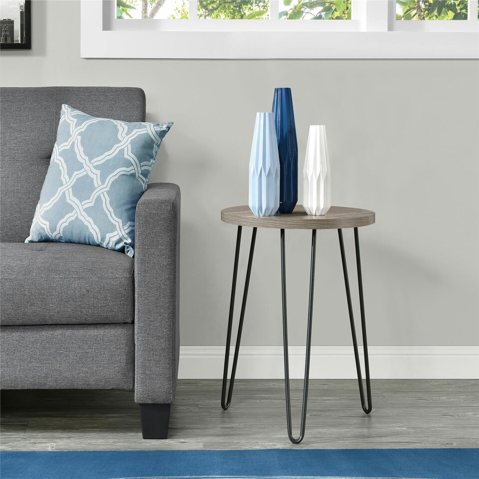 image 1 of Owen Retro Round End Table in Distressed Grey Oak Grey | Grey Oak