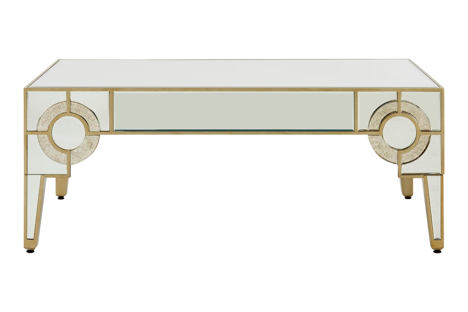 image 1 of Art Deco Coffee Table, Antique Finished Accent Table,Mirrored Top Center Table,Decorative Livingroom Table | Gold