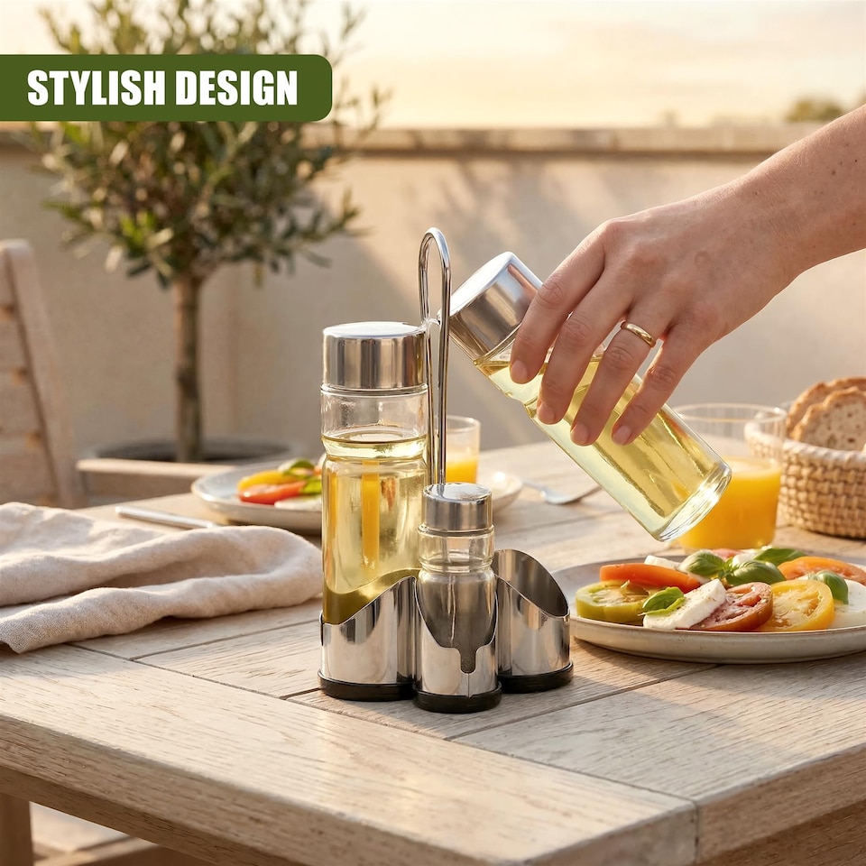 image 1 of GEEZY 4 Piece Glass Cruet Set and Condiment Dispenser With Stand 20.5cm