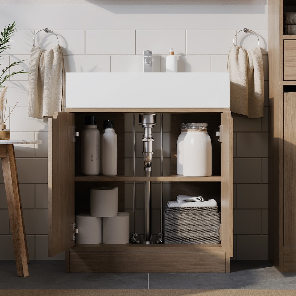 image 1 of Bathroom Sink Cabinet with Full Pedestal | Brown | 14 x 32 x 64 | 1