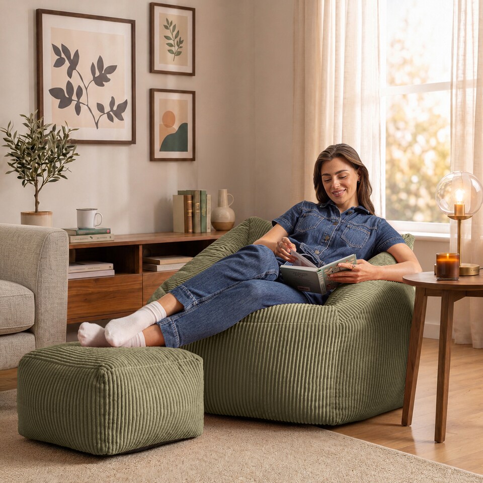 image 1 of Natalia Large Beanbag and Pouffe Set Corduroy Sage Green | Green | Green | XL | 2