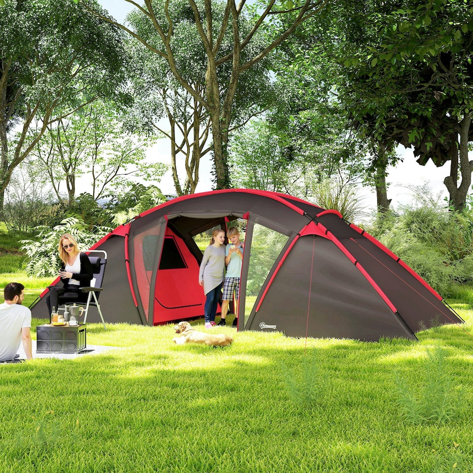 image 1 of Outsunny 4-6 Man Family Camping Tent with 2 Bedrooms, a Living Room | Blue | Blue