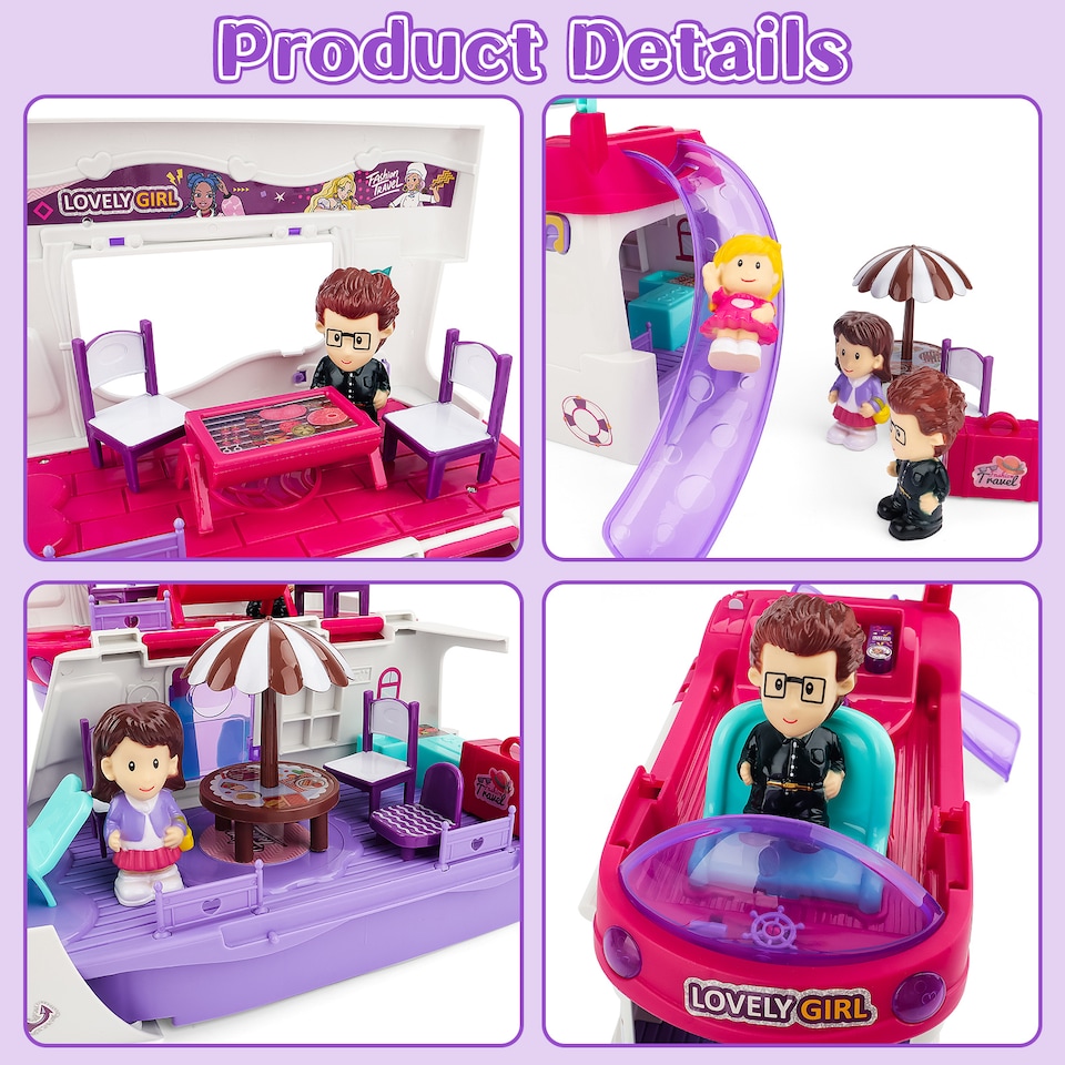 image 1 of Children’s Boat House Playset – with Table, Chairs, 3 Figures, Lights & Sounds (Pink & White)