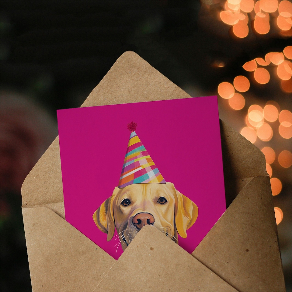 image 1 of Birthday Card Yellow Labrador Retriever Dog Party Hat Hot Pink