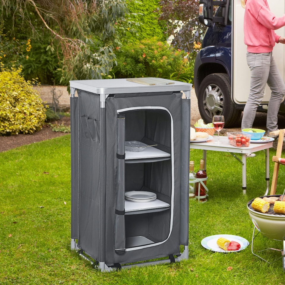 image 1 of Outsunny Outdoor 3-shelf Camping Cupboard Kitchen Station Cook Table Grey