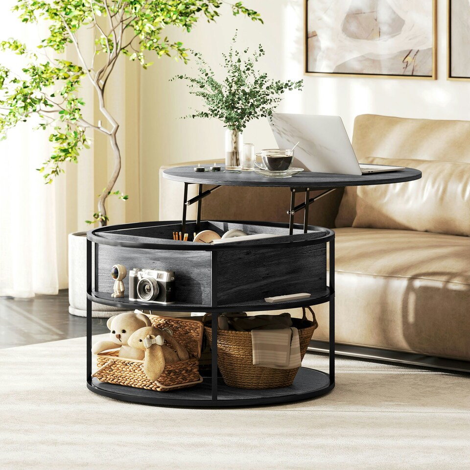 image 1 of HOMCOM Lift Top Coffee Table, Round Coffee Table with Hidden Storage, Grey Grey