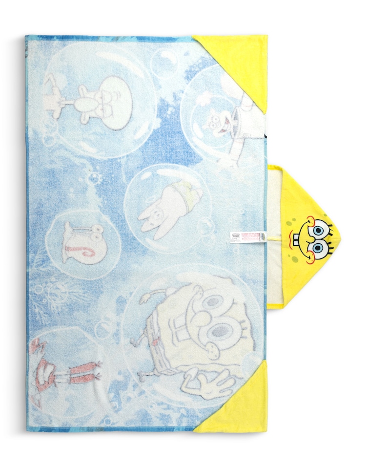 image 1 of SpongeBob SquarePants Boys Yellow & Blue Hooded Poncho Towel | Multi Character Graphic Print | Patrick Star Squidward Mr Krabs | Poolside Beachwear Towel | SpongeBob Merch