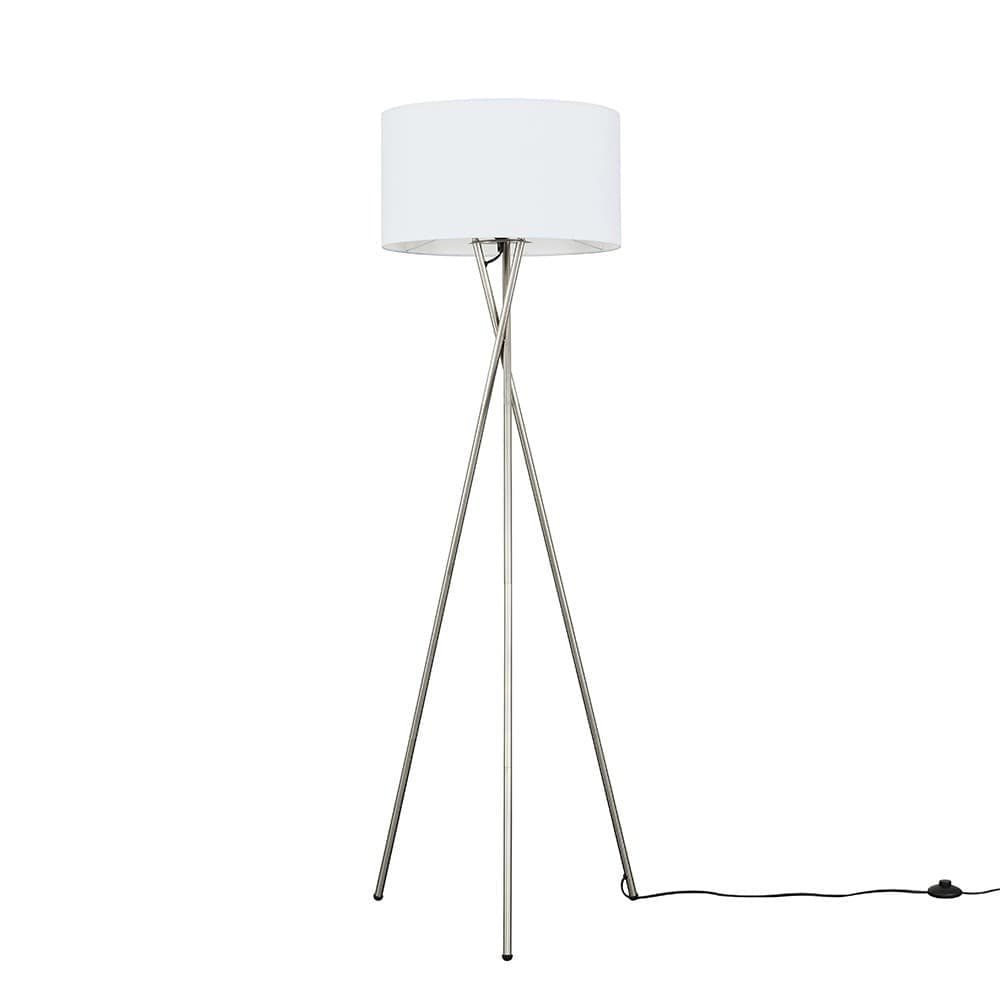 ValueLights Camden Brushed Chrome Tripod Floor Lamp with White Drum Lamp Shade