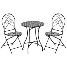 Outsunny 3 Pieces Garden Bistro Set with Coffee Table and 2 Folding Single Chairs, Mosaic Garden Table Top and Seats, Metal Frame, for Patio Balcony, Black