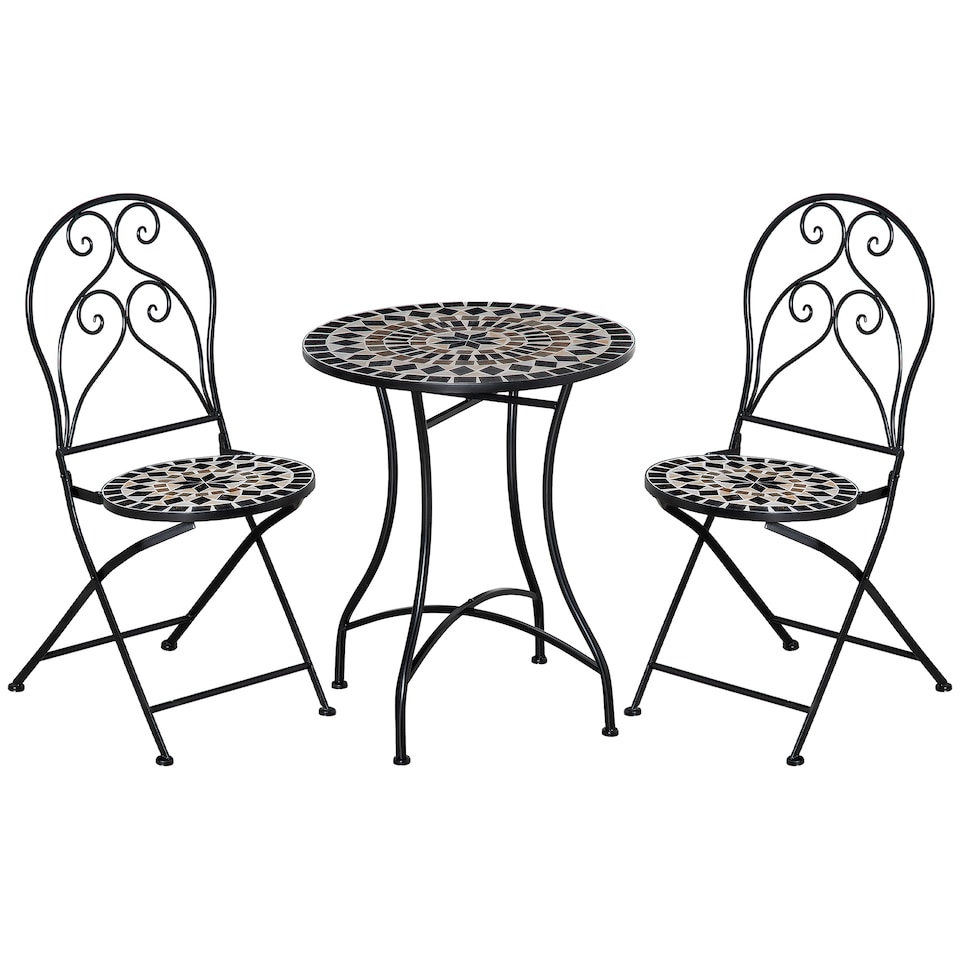 image 1 of Outsunny 3 Pieces Garden Bistro Set with Coffee Table and 2 Folding Single Chairs, Mosaic Garden Table Top and Seats, Metal Frame, for Patio Balcony, Black