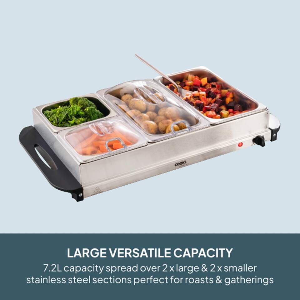 image 1 of Cooks Professional 4-Section Buffet Warmer 7.2L with Hotplate Function | Silver | Silver