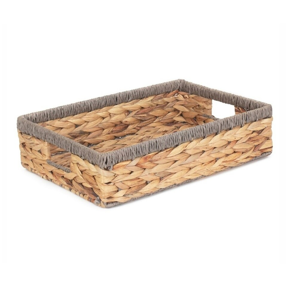 image 1 of Shallow Rectangular Water Hyacinth with Grey Rope Border Storage Basket Brown | Brown | L