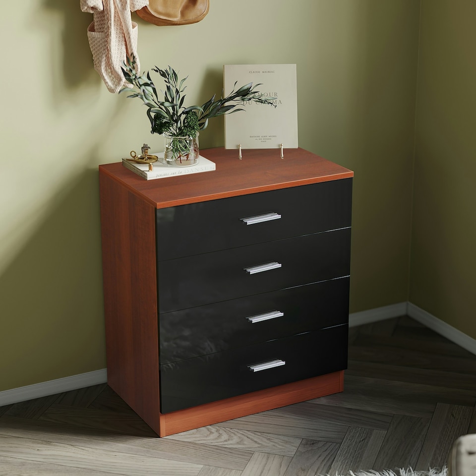 image 1 of Modern 4-Drawer Chest of Drawers High Gloss Finish In Walnut and Black Black | Walnut
