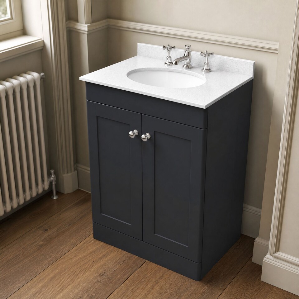 image 1 of Balterley Swynnerton Traditional 2 Door Floor Standing Vanity Unit with Marble Basin, Dark Grey, 600mm