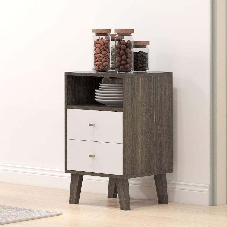 image 1 of HOMCOM Bedside Tables Set of 2, Modern Nightstand with 2 Drawers and Open Cubby, Sofa Side End Table for Bedroom, 40 x 34 x 64cm, Grey