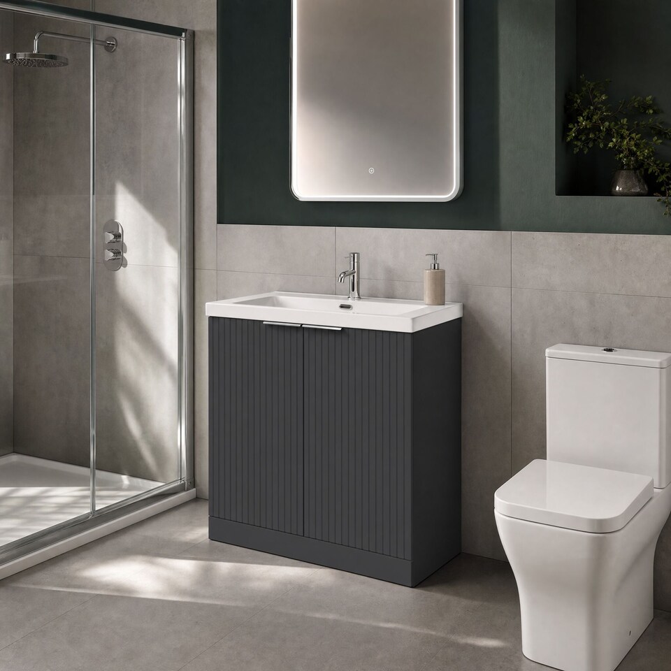 image 1 of Balterley Callingwood Contemporary Floor Standing 2 Door Vanity Unit with 1 Tap Hole Fireclay Basin , 800mm, Dark Grey